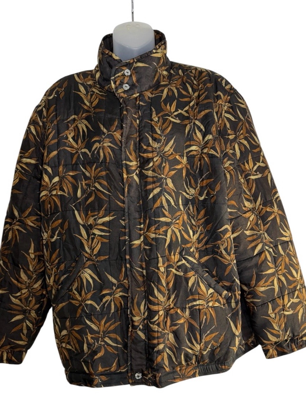 CLIO Vintage 90a Black Brown Bsmboo Leaf Silk Quilted Puffer Jacket Large